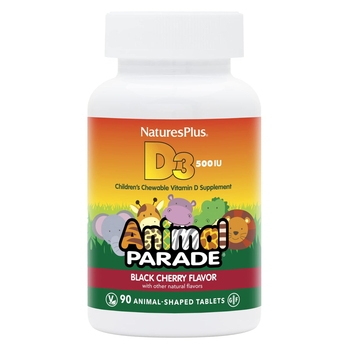 NaturesPlus Animal Parade Vitamin D3 أقراص للمضغ للأطفال | بنكهة الكرز الأسود، 90 قرصًا – خالٍ من الجلوتين، نباتي