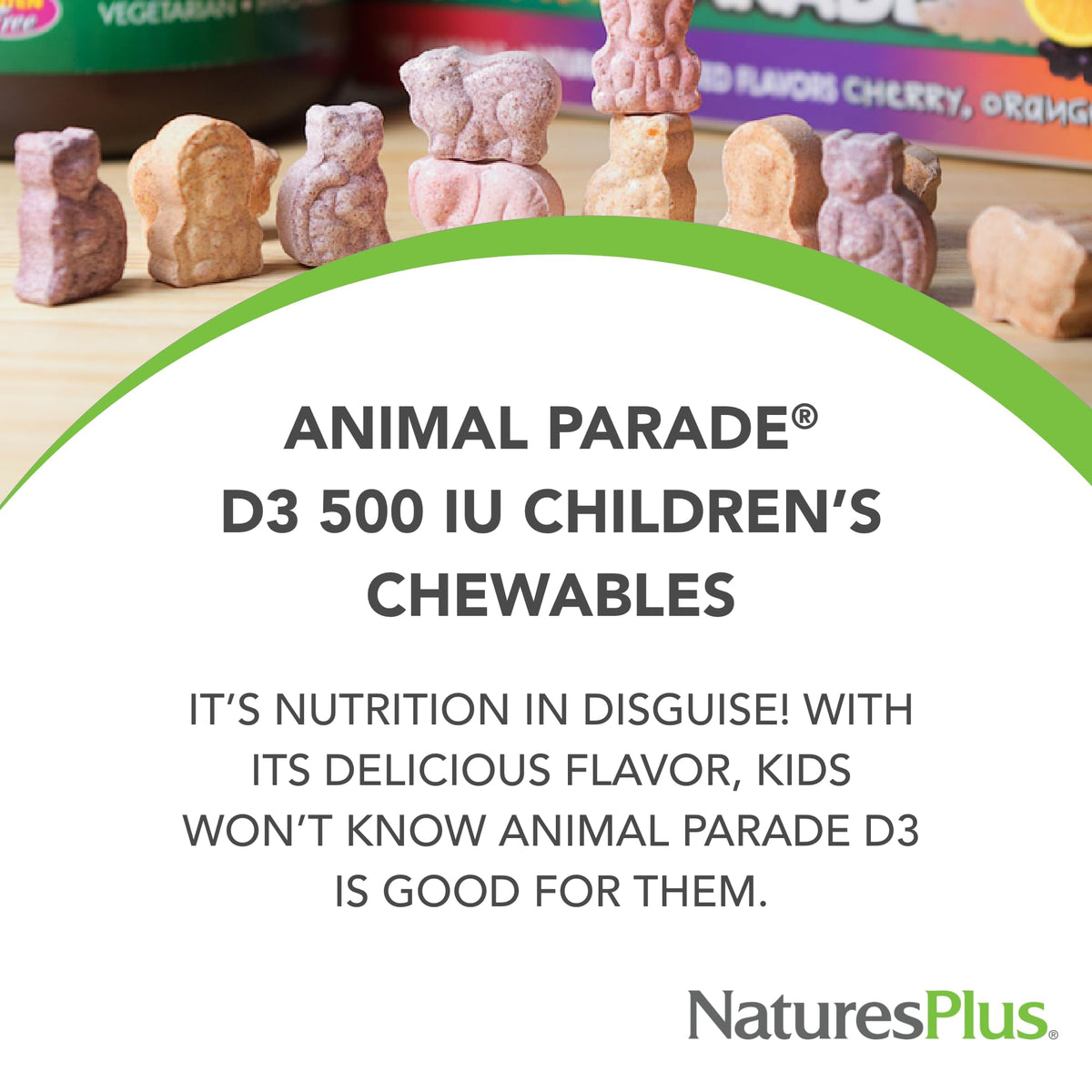 NaturesPlus Animal Parade فيتامين د3 للأطفال - 500 وحدة دولية، خالٍ من الغلوتين، نباتي، بنكهة الكرز الأسود - 180 حصة (2 × 90)