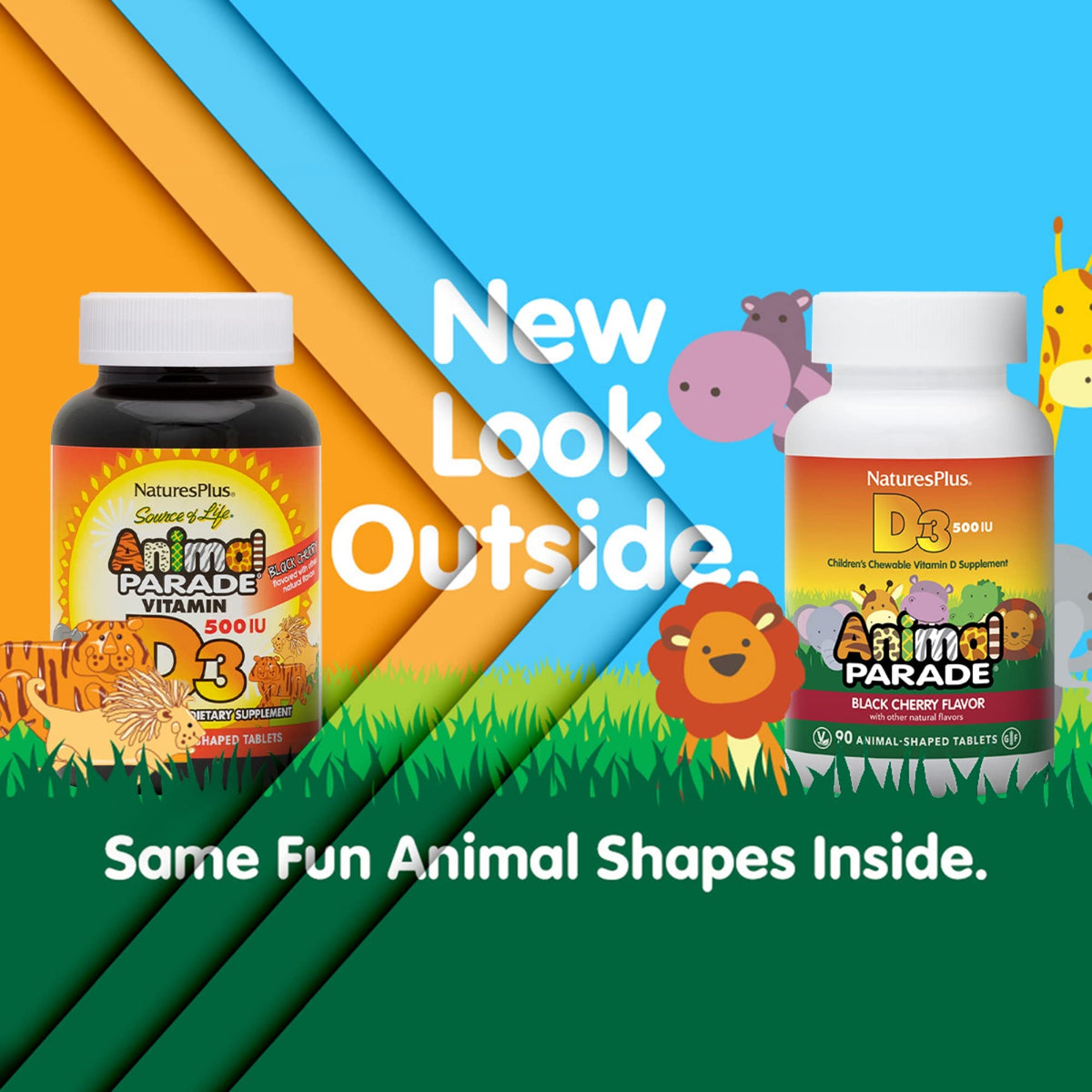 NaturesPlus Animal Parade Vitamin D3 أقراص للمضغ للأطفال | بنكهة الكرز الأسود، 90 قرصًا – خالٍ من الجلوتين، نباتي
