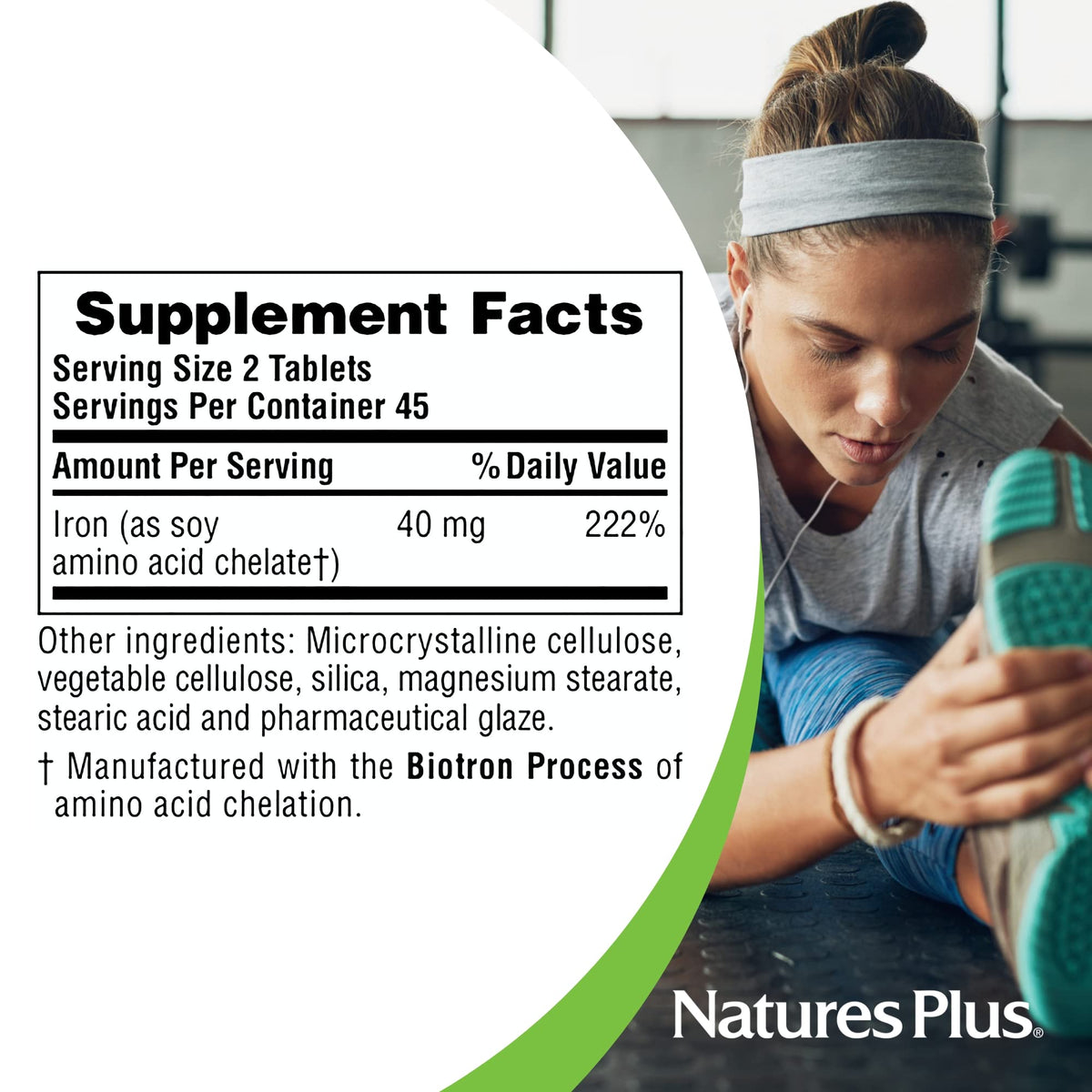NaturesPlus حديد - 40 ملغ، 90 قرصًا، نباتي وخالٍ من الغلوتين | 45 حصة