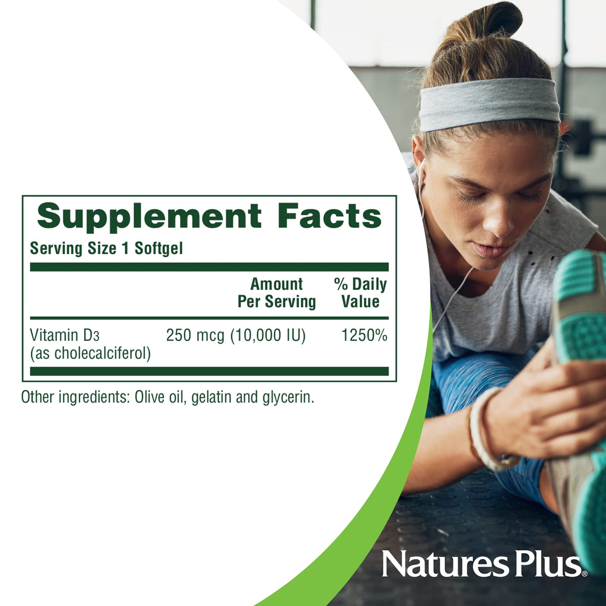 NaturesPlus فيتامين د3 10000 وحدة دولية - 60 كبسولة هلامية | لصحة العظام ودعم المناعة | خالٍ من الغلوتين