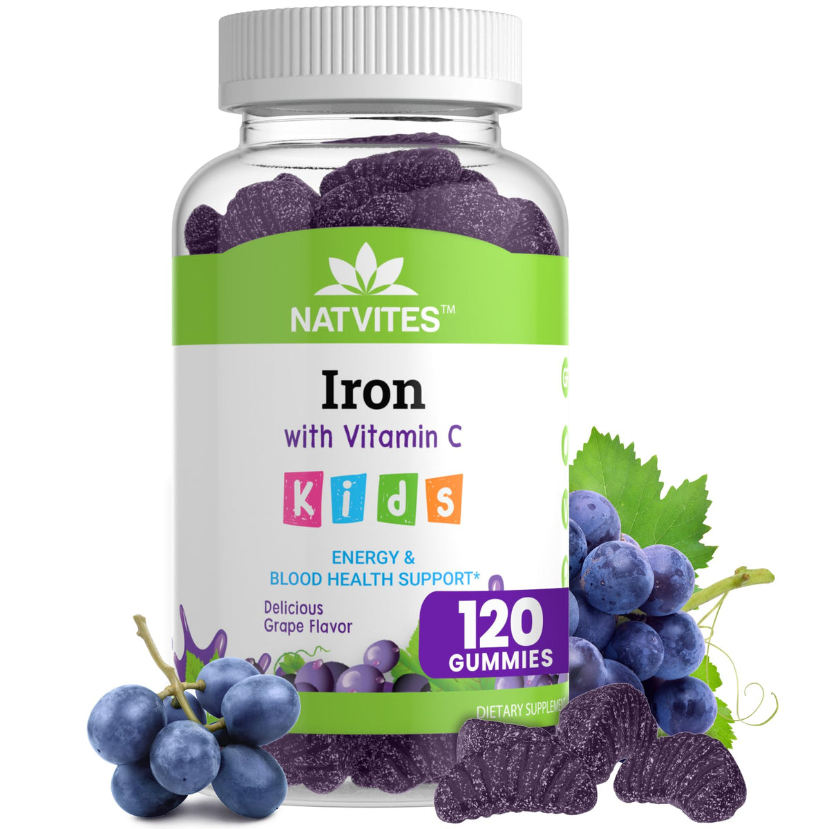 Natvites Kids Iron Gummies with Vitamin C - Grape Flavor | Gluten Free, Non-GMO, Vegetarian - 120 Count