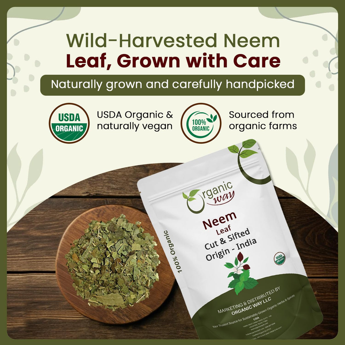 Organic Neem Leaf Cut & Sifted - Herbal Tea | Premium Dried Neem Leaves | USDA Certified | Non-GMO & Gluten Free | Origin India (4 oz)