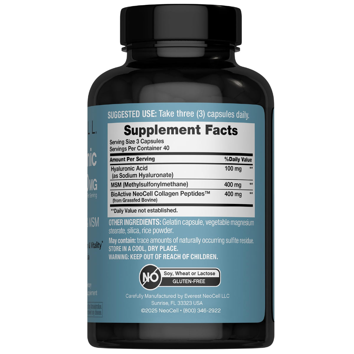 NeoCell Hyaluronic Acid Complex 900mg – 120 Capsules | BioActive Collagen Peptides & MSM