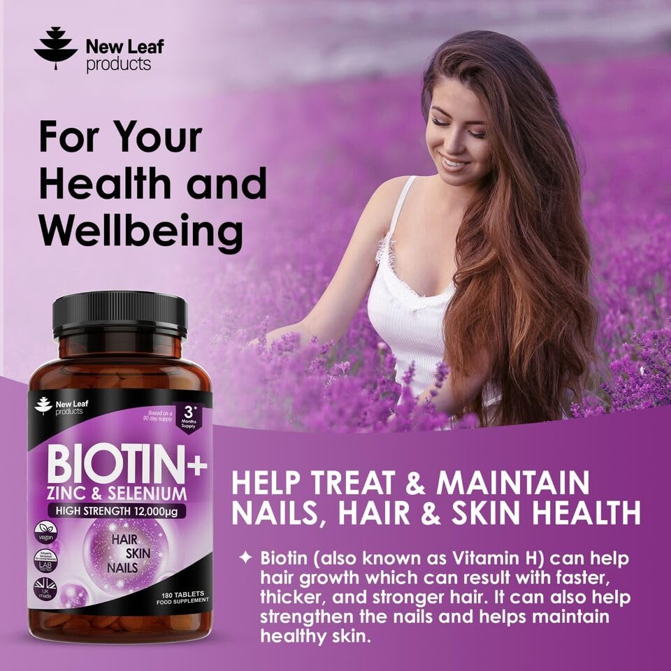 Biotin Hair Growth Vitamins 12000mcg β High Strength, Coconut Oil | Vegan & UK Made | New Leaf