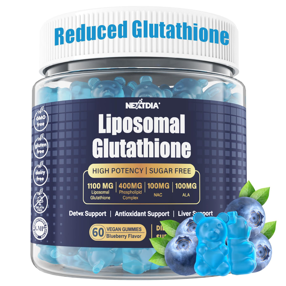 Nextdia Liposomal Glutathione Gummies 1100mg β Vegan, Immune Support & Anti-Aging, 60 Count