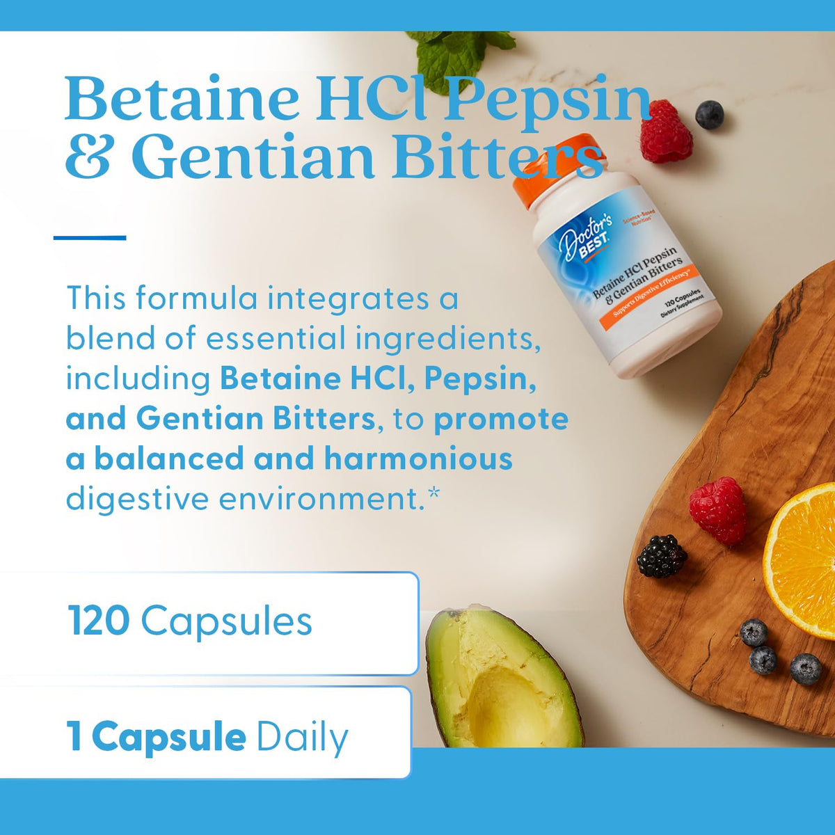 Doctor's Best Betaine HCl Pepsin & Gentian Bitters – الإنزيمات الهاضمة، 120 كبسولة، غير معدلة وراثيًا، خالي من الغلوتين | النسخة الأصلية
