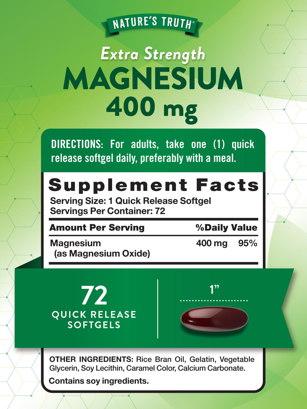 Nature's Truth Magnesium 400mg – 72 كبسولة هلامية | قوة مضاعفة، غير معدّل وراثيًا، خالٍ من الغلوتين