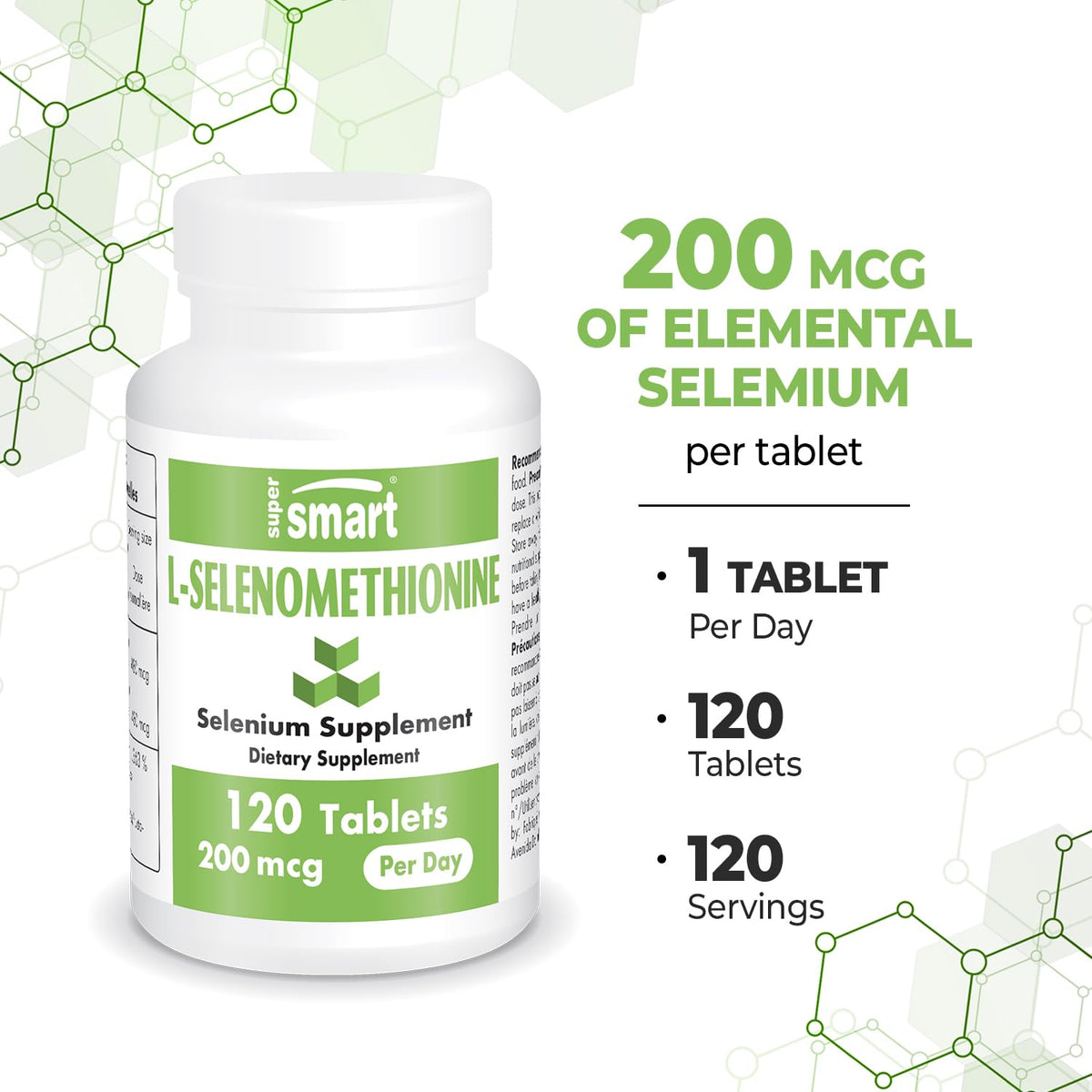 SuperSmart L-Selenomethionine 200mcg Selenium β High Absorption, Non-GMO, Gluten Free | 120 Tablets