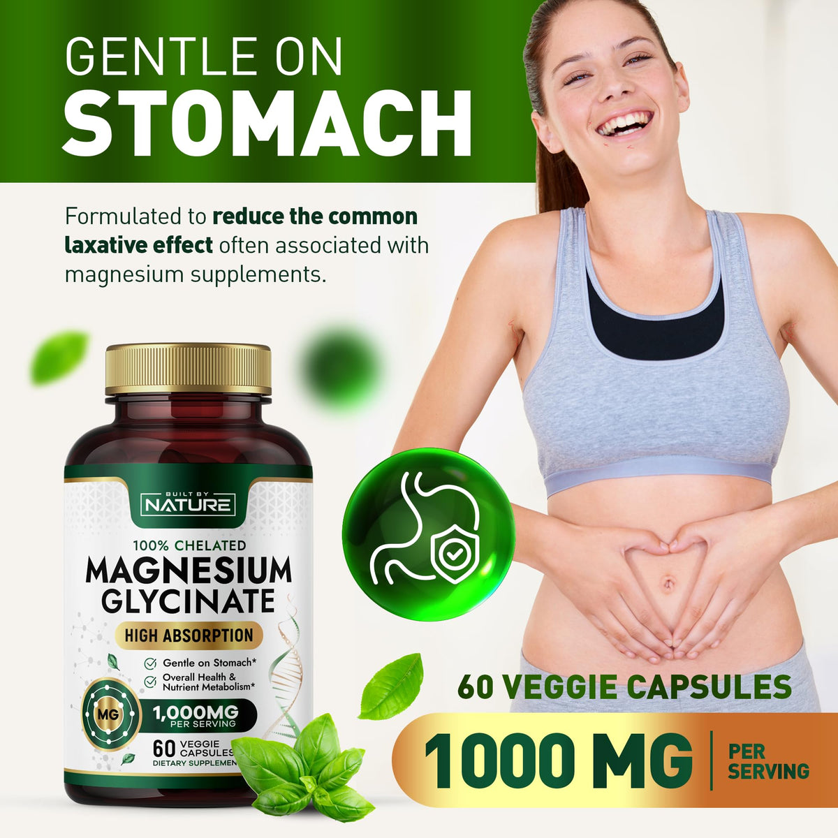 Built By Nature Magnesium Glycinate 1000mg - عالي الامتصاص، مخلّب 100%، لطيف على المعدة | 60 كبسولة