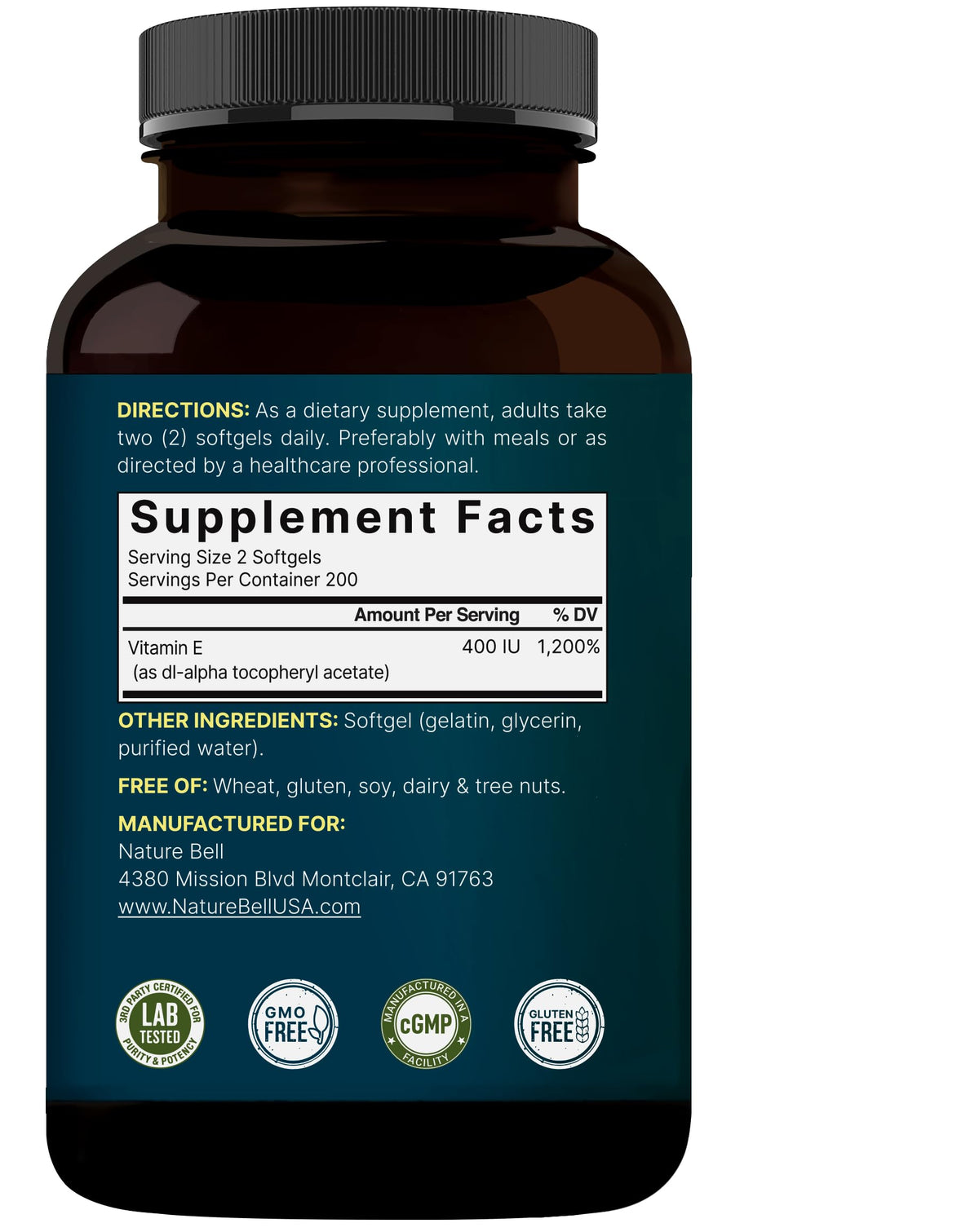 NatureBell Vitamin E Softgels 400 IU – 400 كبسولة هلامية، غير معدل وراثيًا