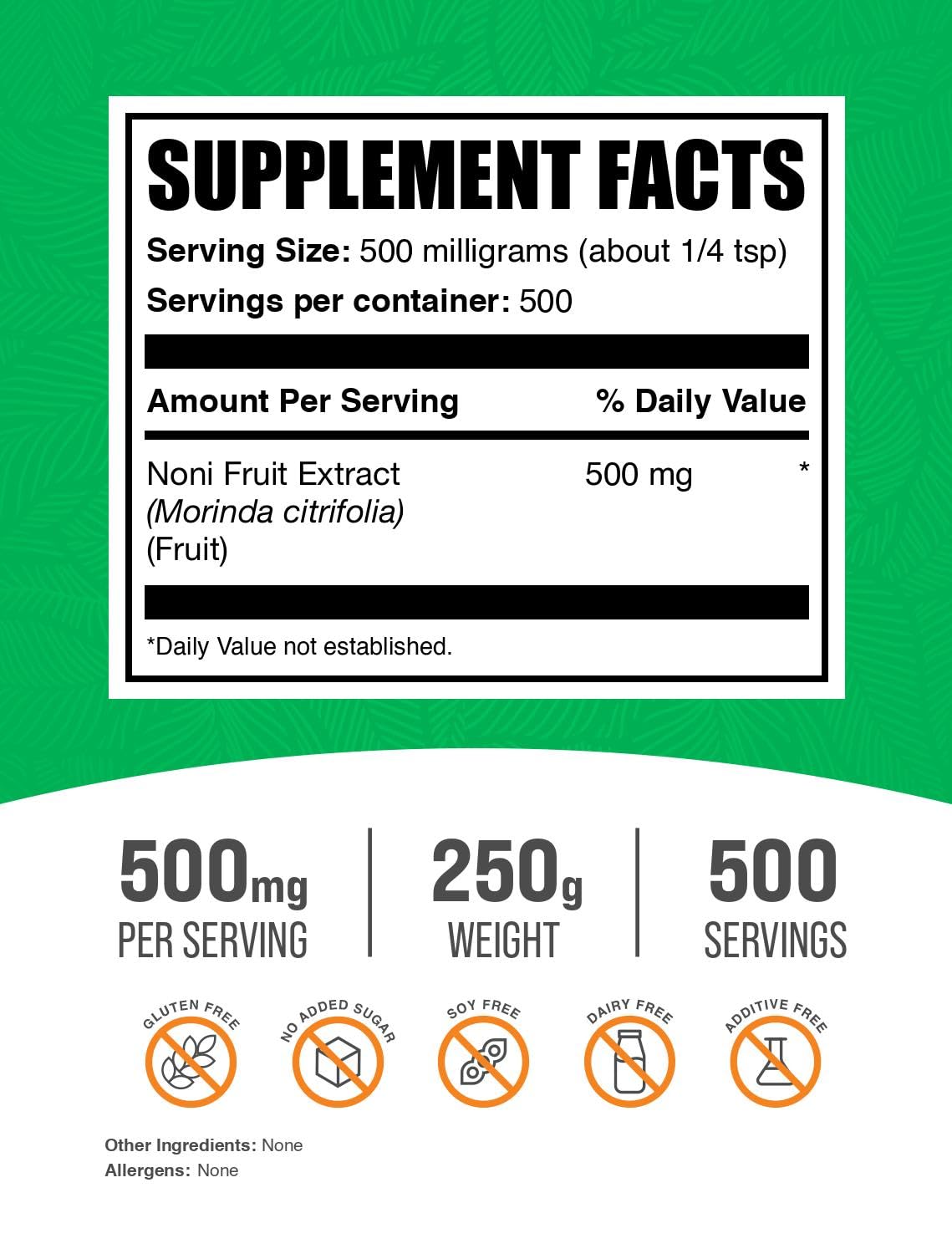 مسحوق مستخلص فاكهة النوني - خالٍ من الغلوتين، 500 ملجم لكل جرعة، 250 جم | BulkSupplements