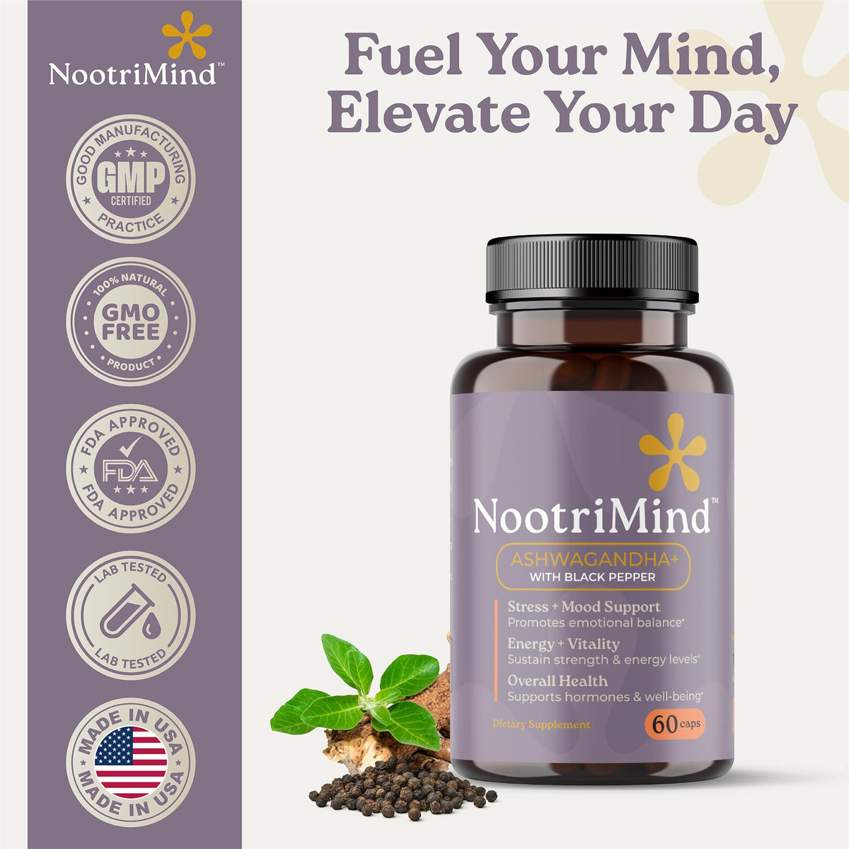nootrimind Organic Ashwagandha Extra Strength β Stress, Mood & Energy Support with Black Pepper | 60 Capsules | Non-GMO, Vegan, Gluten Free