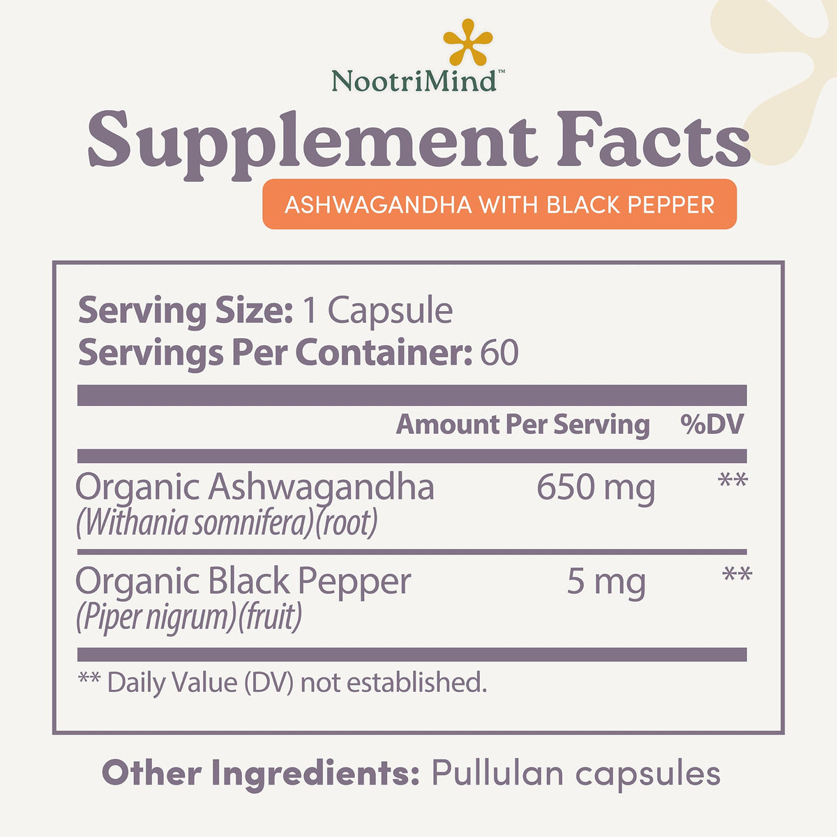 nootrimind Organic Ashwagandha Extra Strength β Stress, Mood & Energy Support with Black Pepper | 60 Capsules | Non-GMO, Vegan, Gluten Free