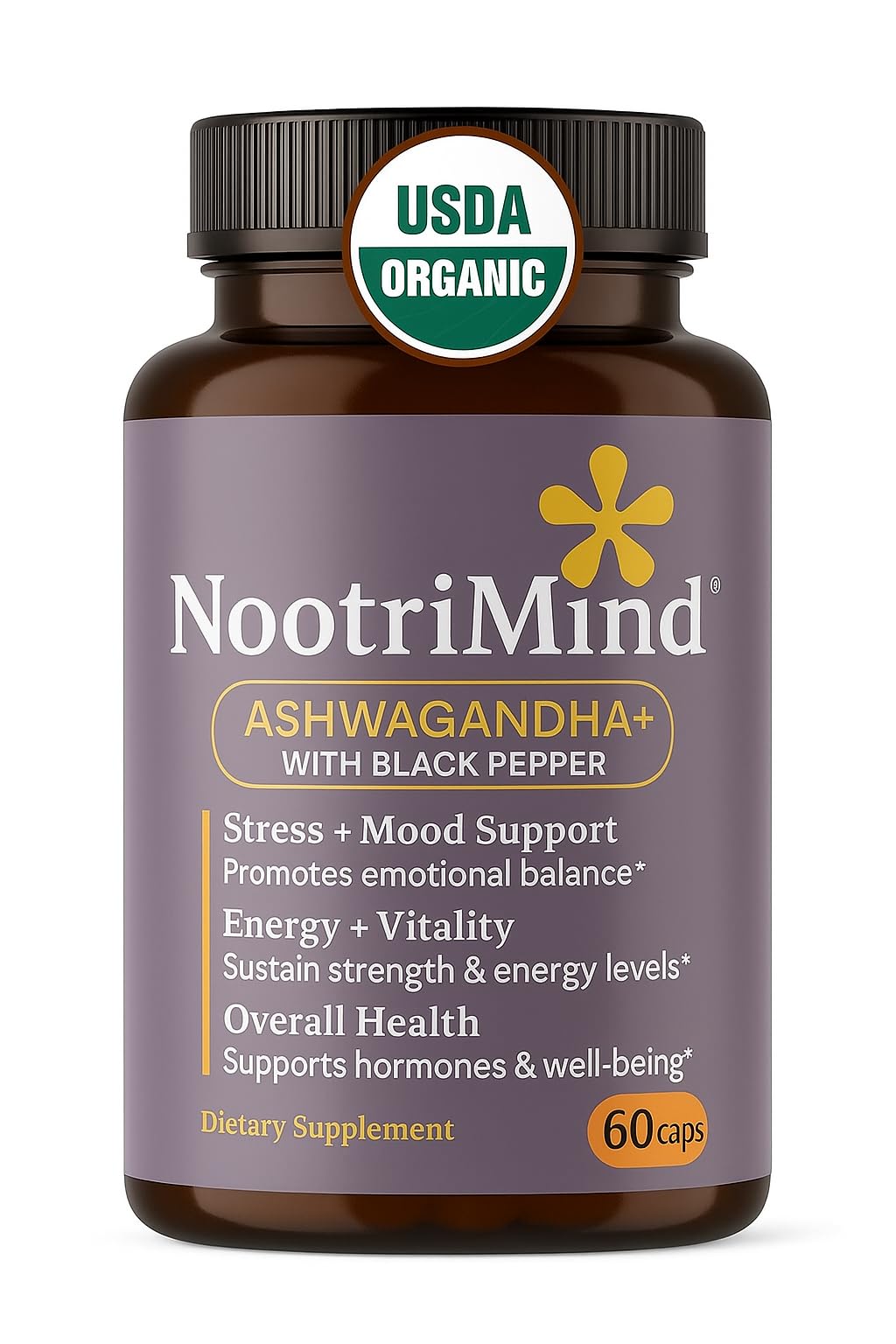 nootrimind Organic Ashwagandha Extra Strength β Stress, Mood & Energy Support with Black Pepper | 60 Capsules | Non-GMO, Vegan, Gluten Free