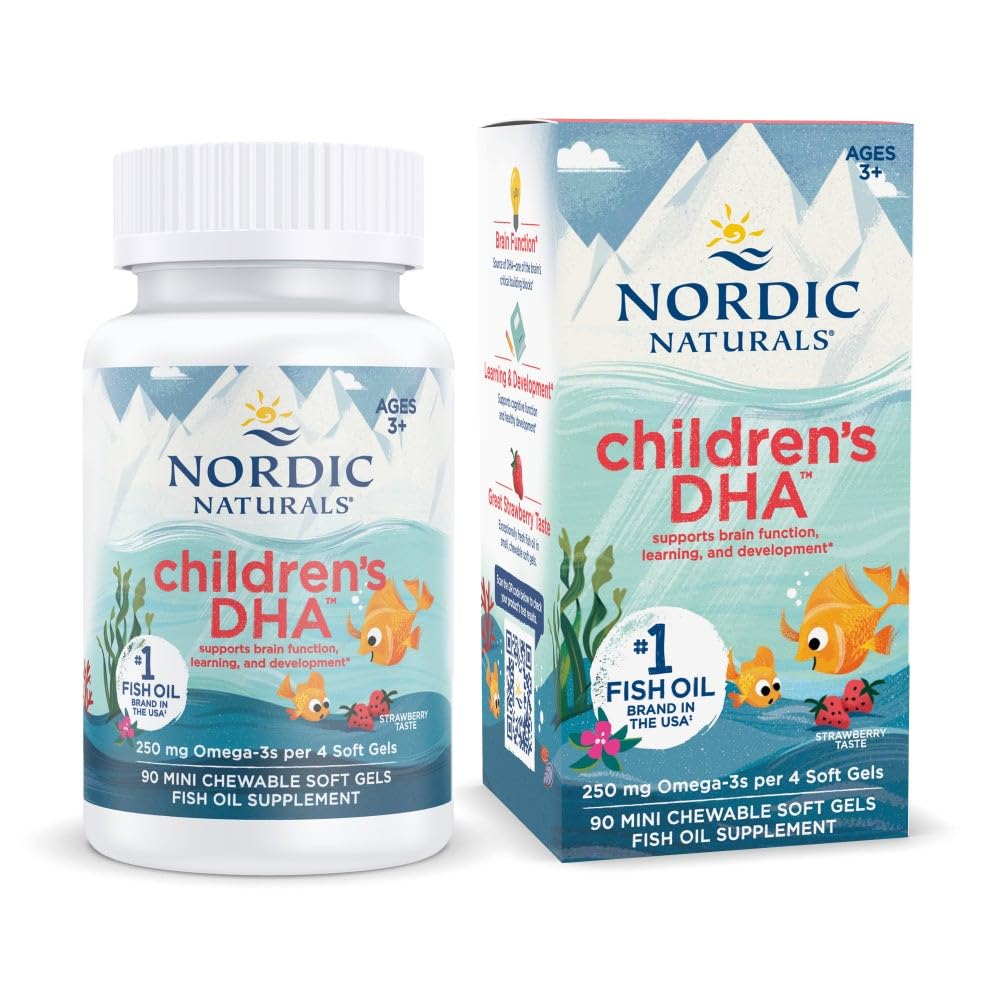 Nordic Naturals Children's DHA بنكهة الفراولة – 90 كبسولة هلامية صغيرة قابلة للمضغ، 250 ملجم أوميغا 3 (حمض الإيكوسابنتاينويك وحمض الدوكوساهيكسانويك)