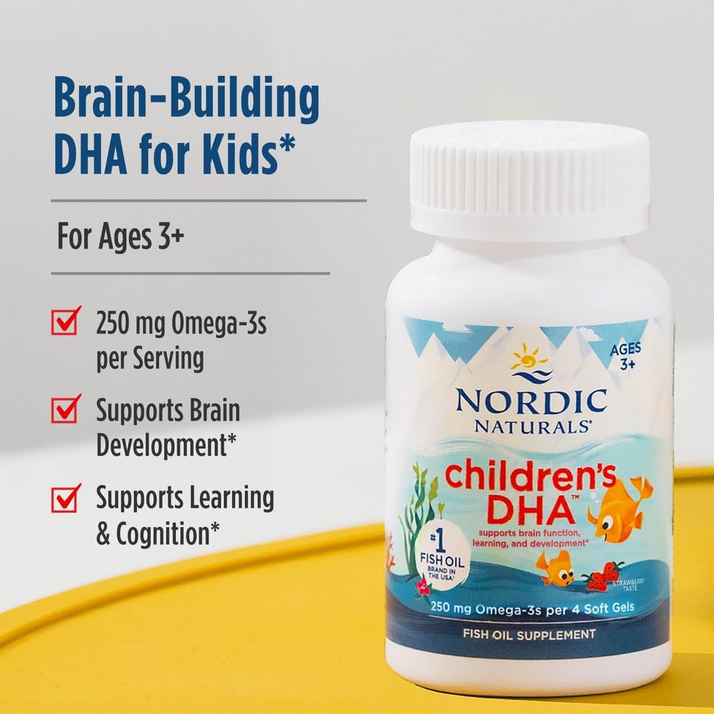 Nordic Naturals Children's DHA بنكهة الفراولة – 90 كبسولة هلامية صغيرة قابلة للمضغ، 250 ملجم أوميغا 3 (حمض الإيكوسابنتاينويك وحمض الدوكوساهيكسانويك)