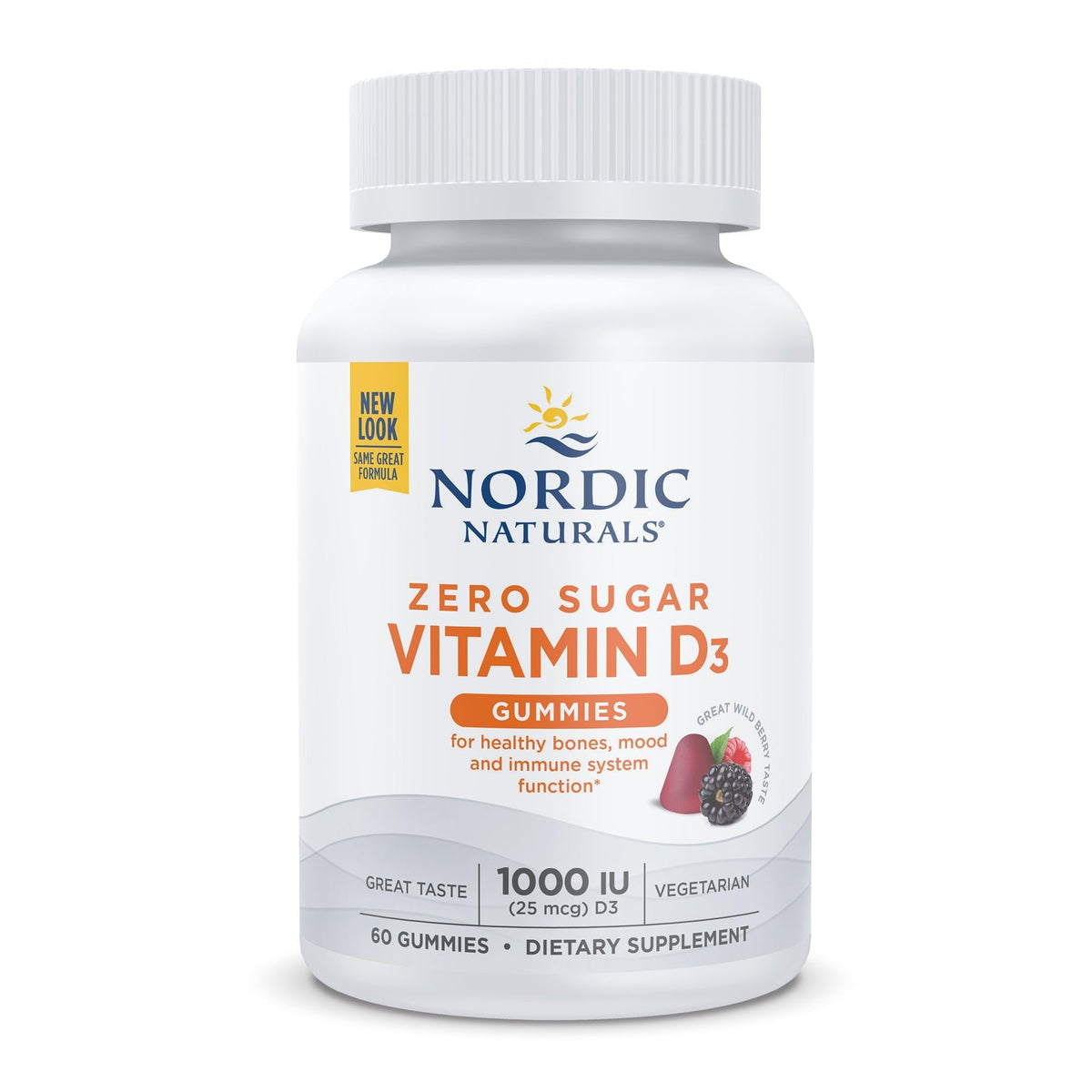 مكمل فيتامين د3 على شكل قطع حلوى قابلة للمضغ خالٍ من السكر من Nordic Naturals، بنكهة التوت البري - 60 قطعة، 1000 وحدة دولية
