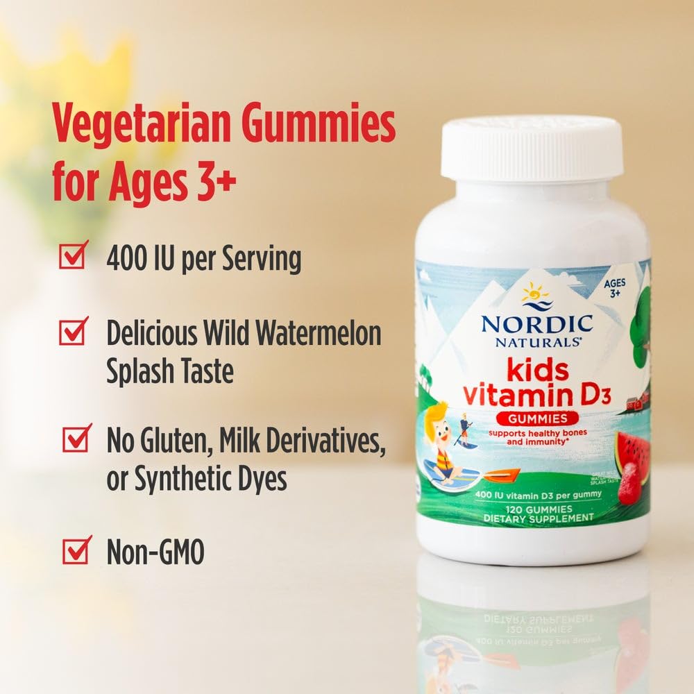 Nordic Naturals فيتامين D3 جيلي للأطفال – بنكهة البطيخ المنعش، 400 وحدة دولية، 60 قطعة جيلاتينية