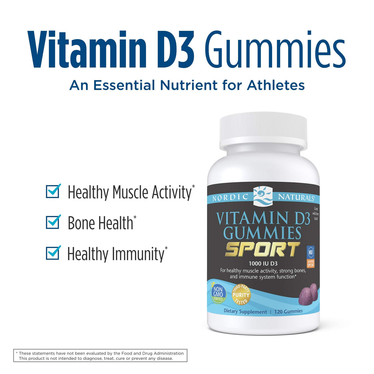 Nordic Naturals Vitamin D3 Gummies Sport - توت بري، 1000 وحدة دولية | معتمد من NSF