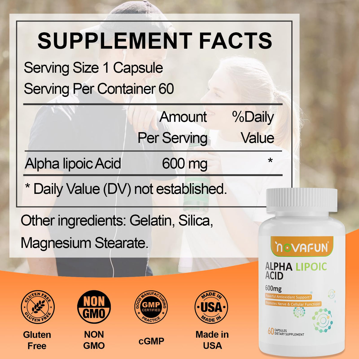 Novafun ALA 600mg Capsules β Nerve Health & Antioxidant Support (60 Count) | Non-GMO, Gluten Free