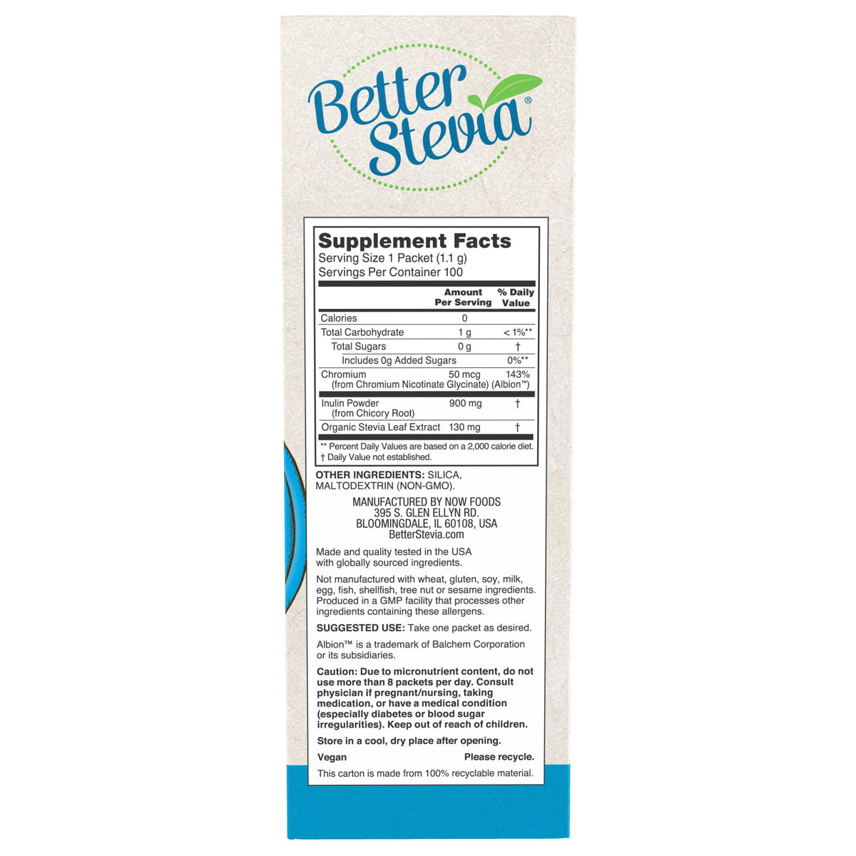 NOW Foods BetterStevia Balance مع الكروم والإينولين - 100 كيس | بدون سعرات حرارية، صديق للحمية الكيتونية، آمن لمرضى السكري