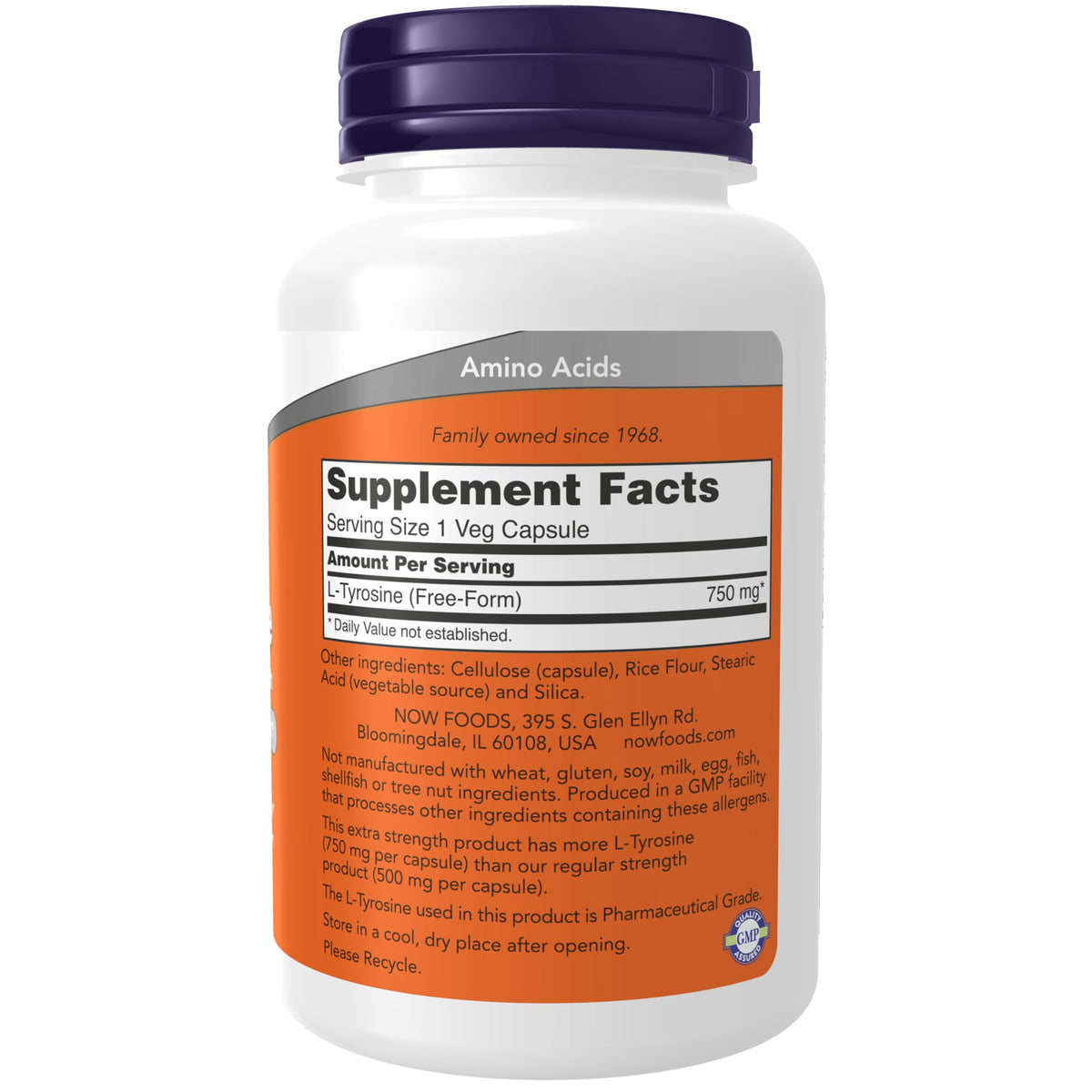 NOW Supplements L-Tyrosine 750 mg – يدعم اليقظة الذهنية وصحة النواقل العصبية | 90 كبسولة نباتية