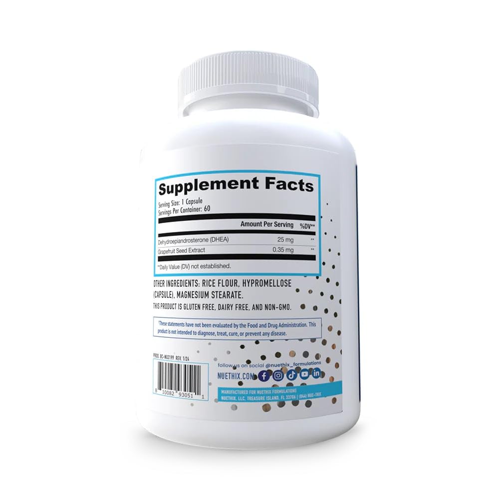 NuEthix DHEA 25mg للنساء والرجال - مستخلص الجريب فروت، 60 حصة، خالٍ من السكر، خالٍ من الجلوتين، غير معدل وراثيًا