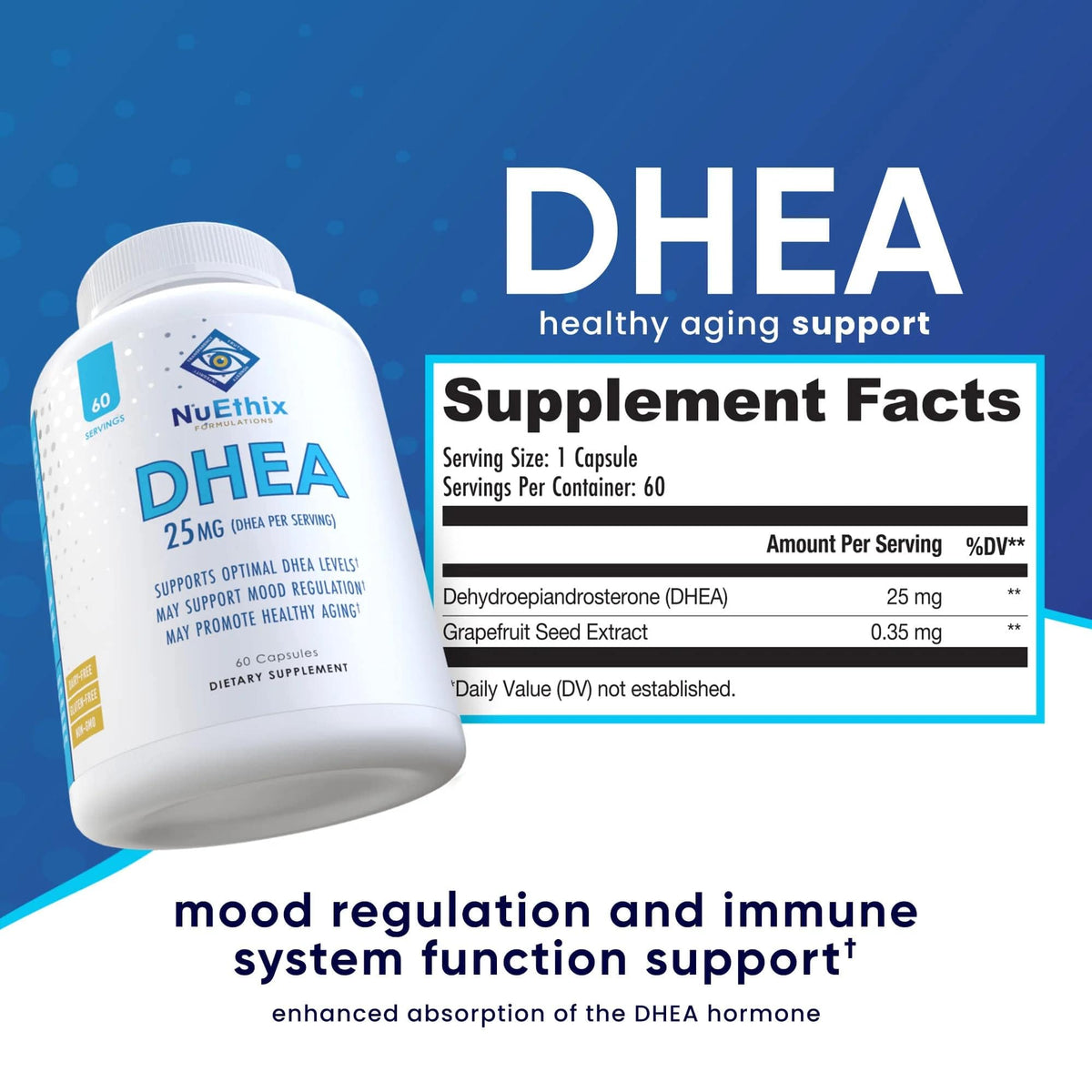 NuEthix DHEA 25mg للنساء والرجال - مستخلص الجريب فروت، 60 حصة، خالٍ من السكر، خالٍ من الجلوتين، غير معدل وراثيًا