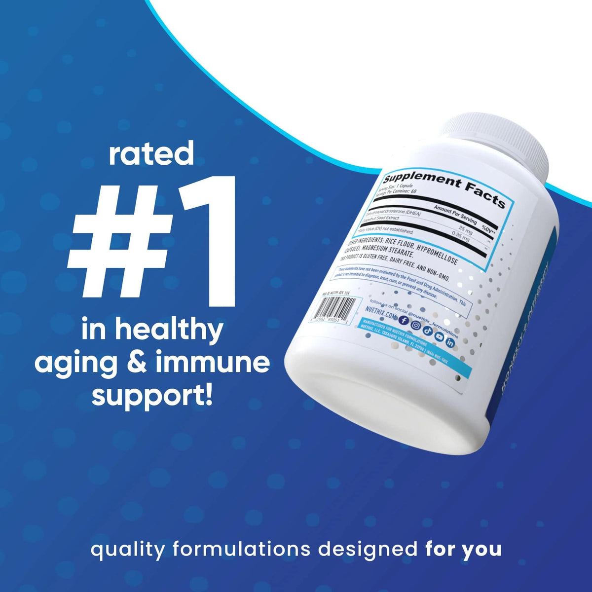 NuEthix DHEA 25mg للنساء والرجال - مستخلص الجريب فروت، 60 حصة، خالٍ من السكر، خالٍ من الجلوتين، غير معدل وراثيًا