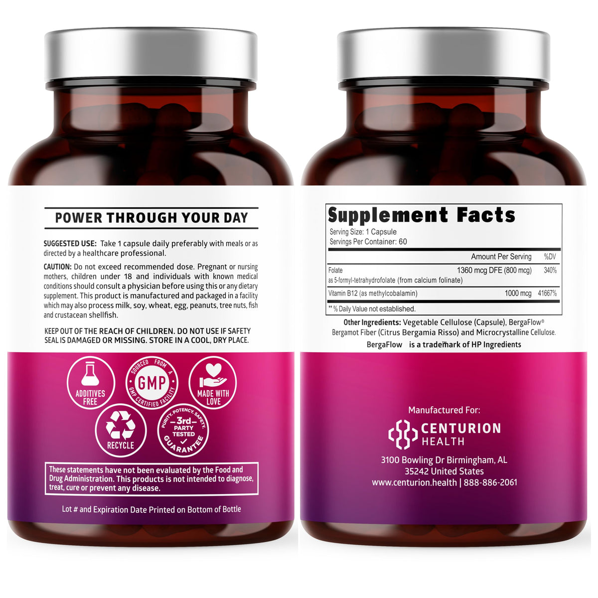 Number One Nutrition Premium Methylated B12 + Folate Supplement for Energy, Cognition, and Nerve Support | 60 Vegan Capsules, Non-GMO & Gluten-Free