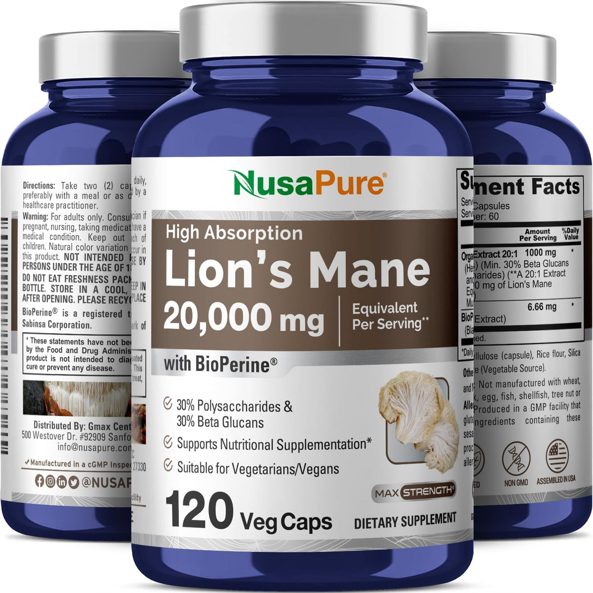 NusaPure Lion's Mane مستخلص بنسبة 20:1 - 120 كبسولة نباتية | عضوي، خالٍ من الجلوتين