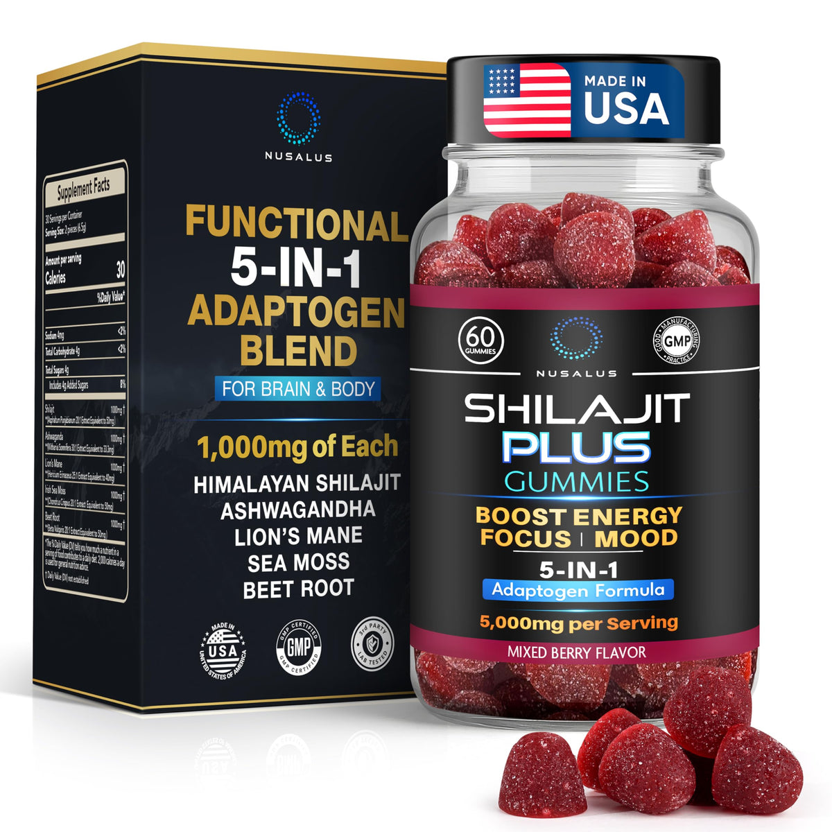 Nusalus Shilajit Plus Gummies β 5-in-1 Adaptogen Energy & Focus (Vegan, Made in USA)