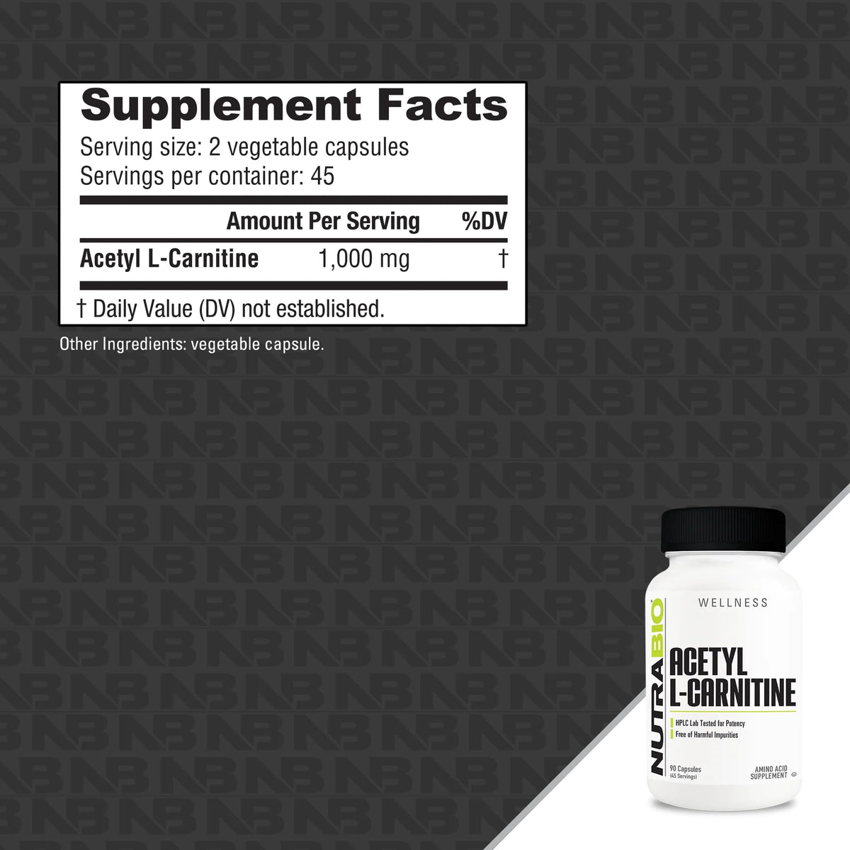 مكمل أسيتيل إل-كارنيتين (ALCAR) من NutraBio بتركيز 500 ملغ - 90 كبسولة | لإنتاج الطاقة الطبيعية ودعم الأيض