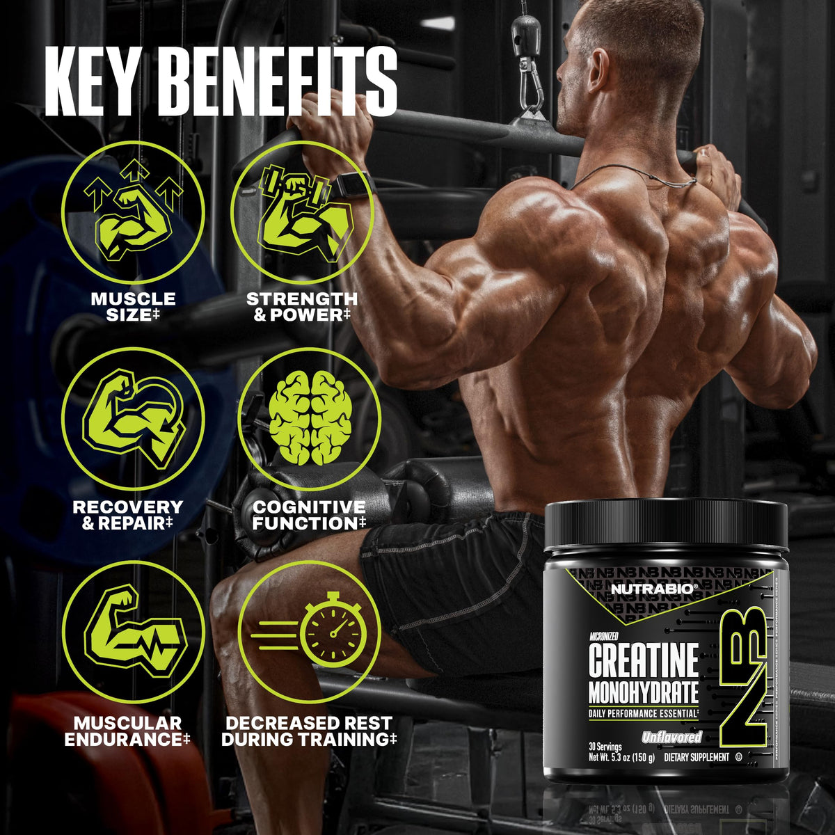 مسحوق كرياتين مونوهيدرات نقي فائق النعومة من NutraBio – بدون نكهة، 150 جم