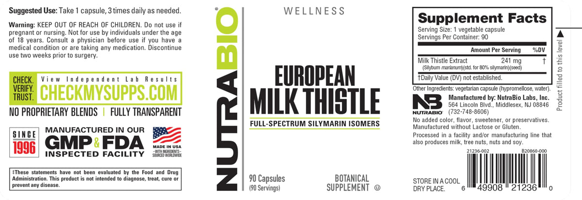 مكمل حليب الشوك الأوروبي 241 ملجم من NutraBio – 90 كبسولة | دعم مضادات الأكسدة