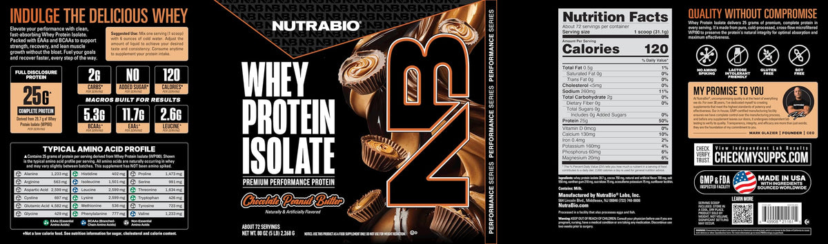 NutraBio 100% بروتين مصل اللبن المعزول باودر – 25 جرام بروتين، قليل الكربوهيدرات، خالي من الجلوتين – شوكولاتة زبدة الفول السوداني، 5 أرطال