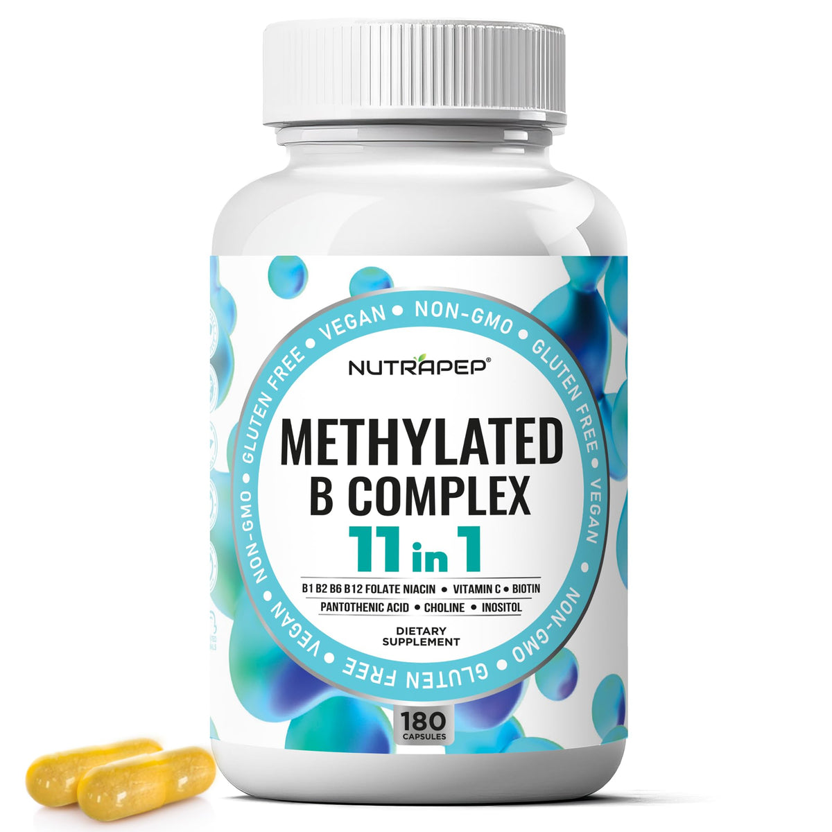 NutraPep فيتامينات ب المركب المُثلج | بيو أكتيف B9 5-MTHF 11 في 1 | نباتي