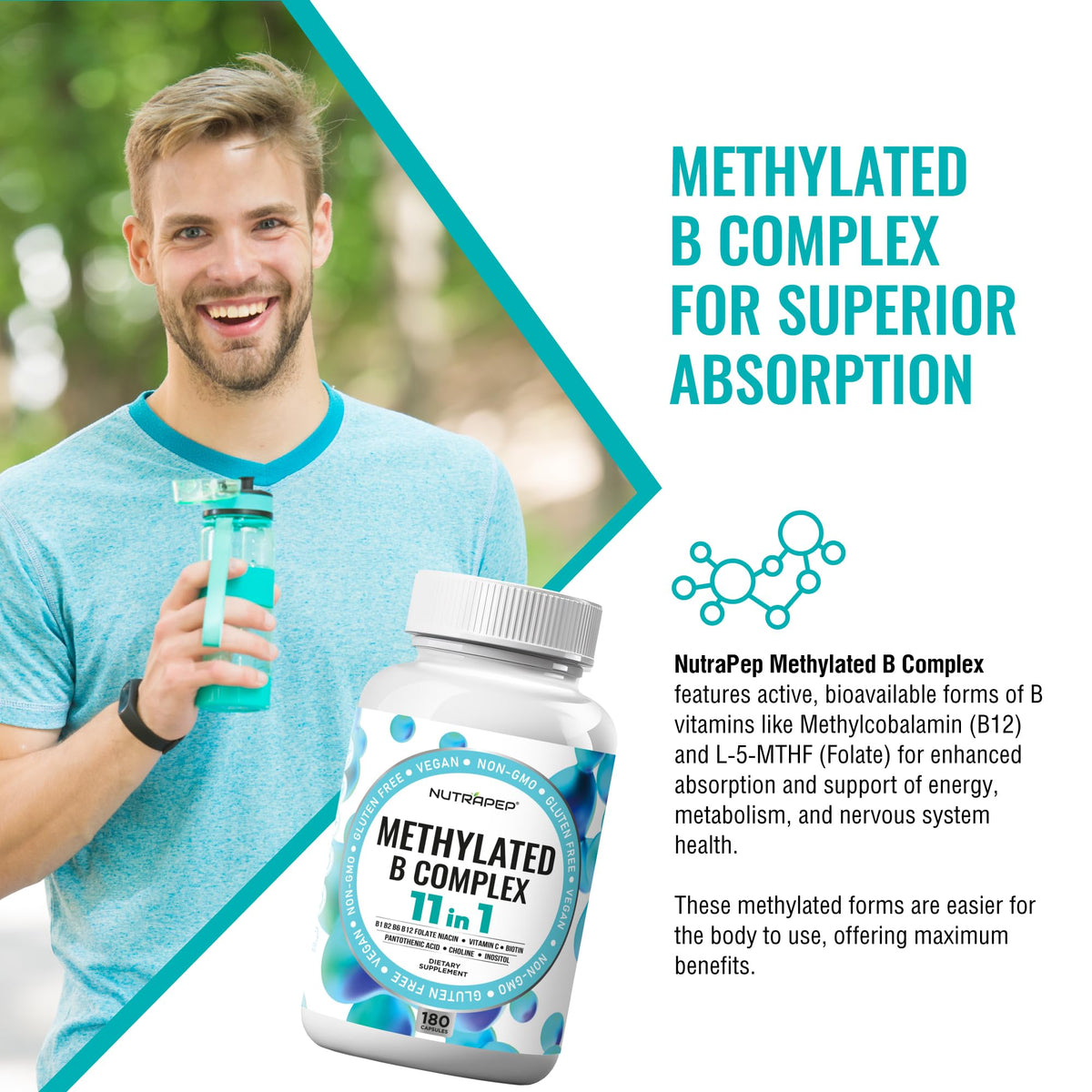 NutraPep فيتامينات ب المركب المُثلج | بيو أكتيف B9 5-MTHF 11 في 1 | نباتي