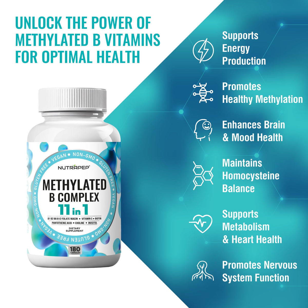 NutraPep فيتامينات ب المركب المُثلج | بيو أكتيف B9 5-MTHF 11 في 1 | نباتي