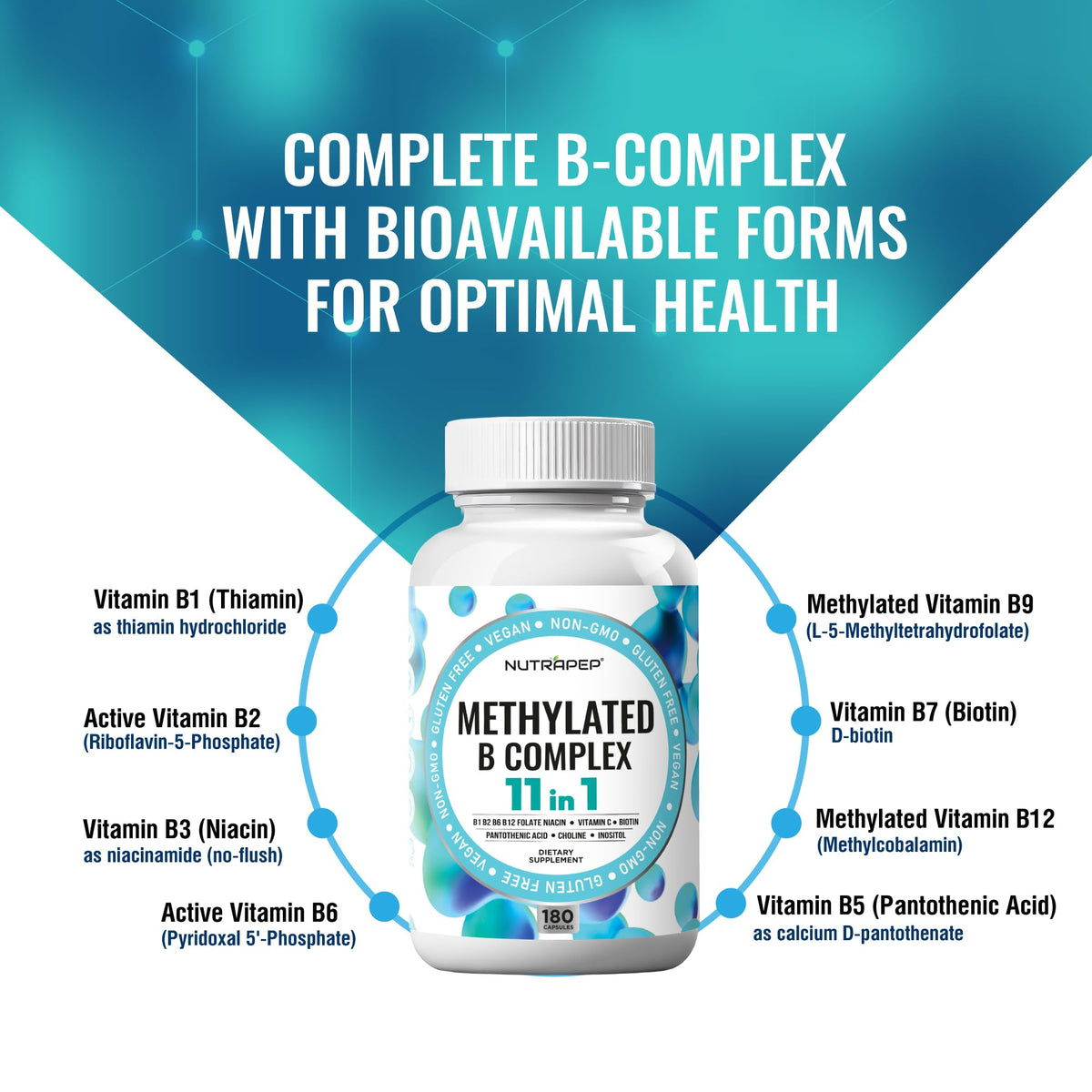 NutraPep فيتامينات ب المركب المُثلج | بيو أكتيف B9 5-MTHF 11 في 1 | نباتي