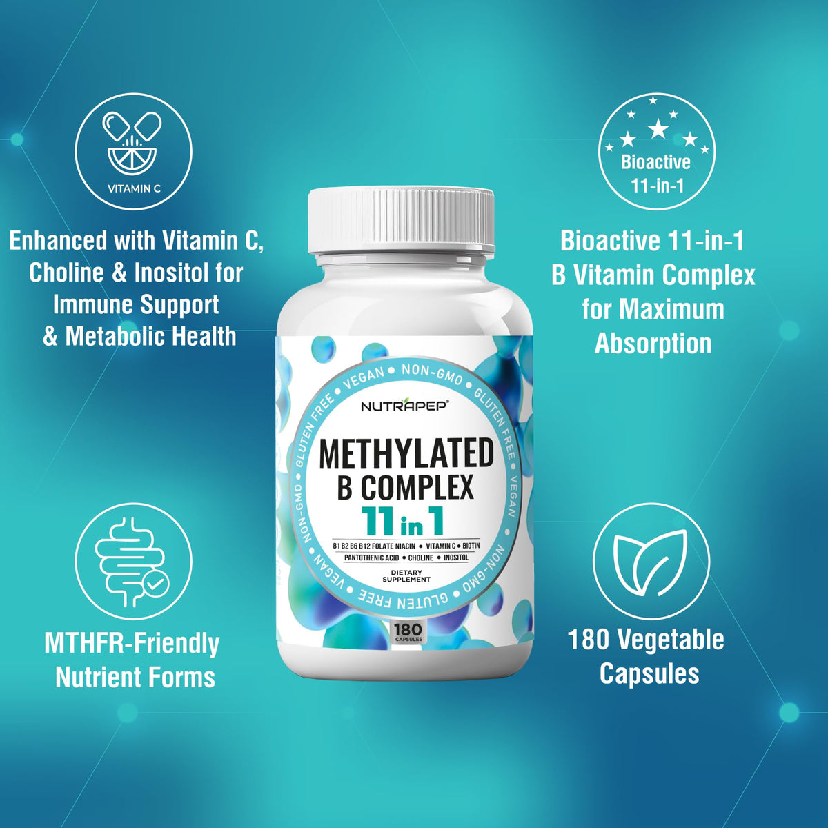 NutraPep فيتامينات ب المركب المُثلج | بيو أكتيف B9 5-MTHF 11 في 1 | نباتي
