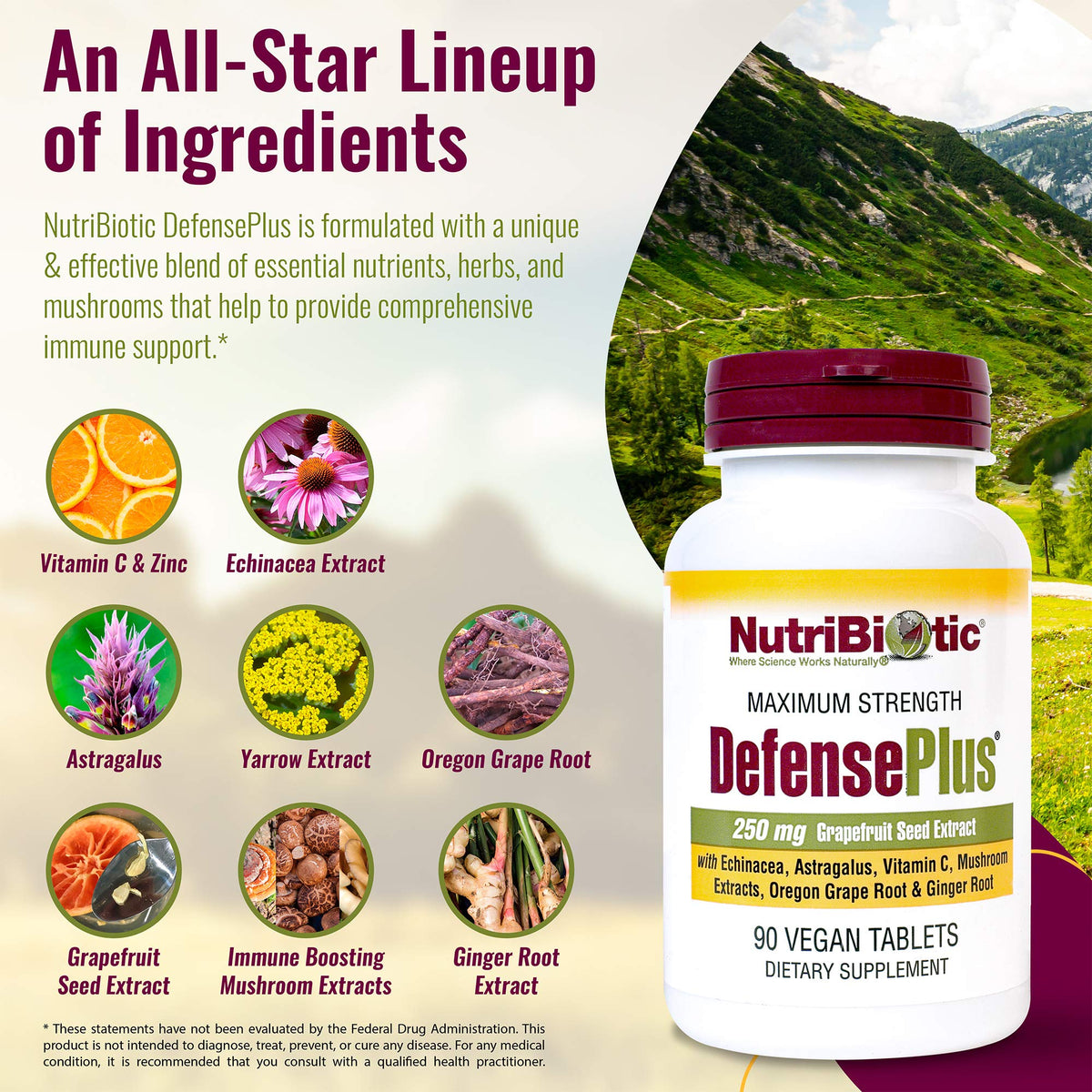 NutriBiotic DefensePlus 90 قرص – 11 في 1 دعم مناعي، نباتي وخالٍ من الجلوتين