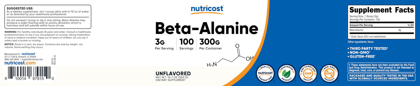 Nutricost Beta Alanine Powder 300 Grams (10.7oz) - 3 Grams Per Serving