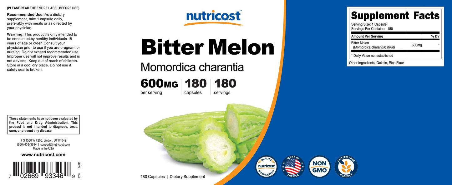 Nutricost Bitter Melon 600mg (2,400mg Equivalent) - 180 Capsules | Gluten Free, Non-GMO