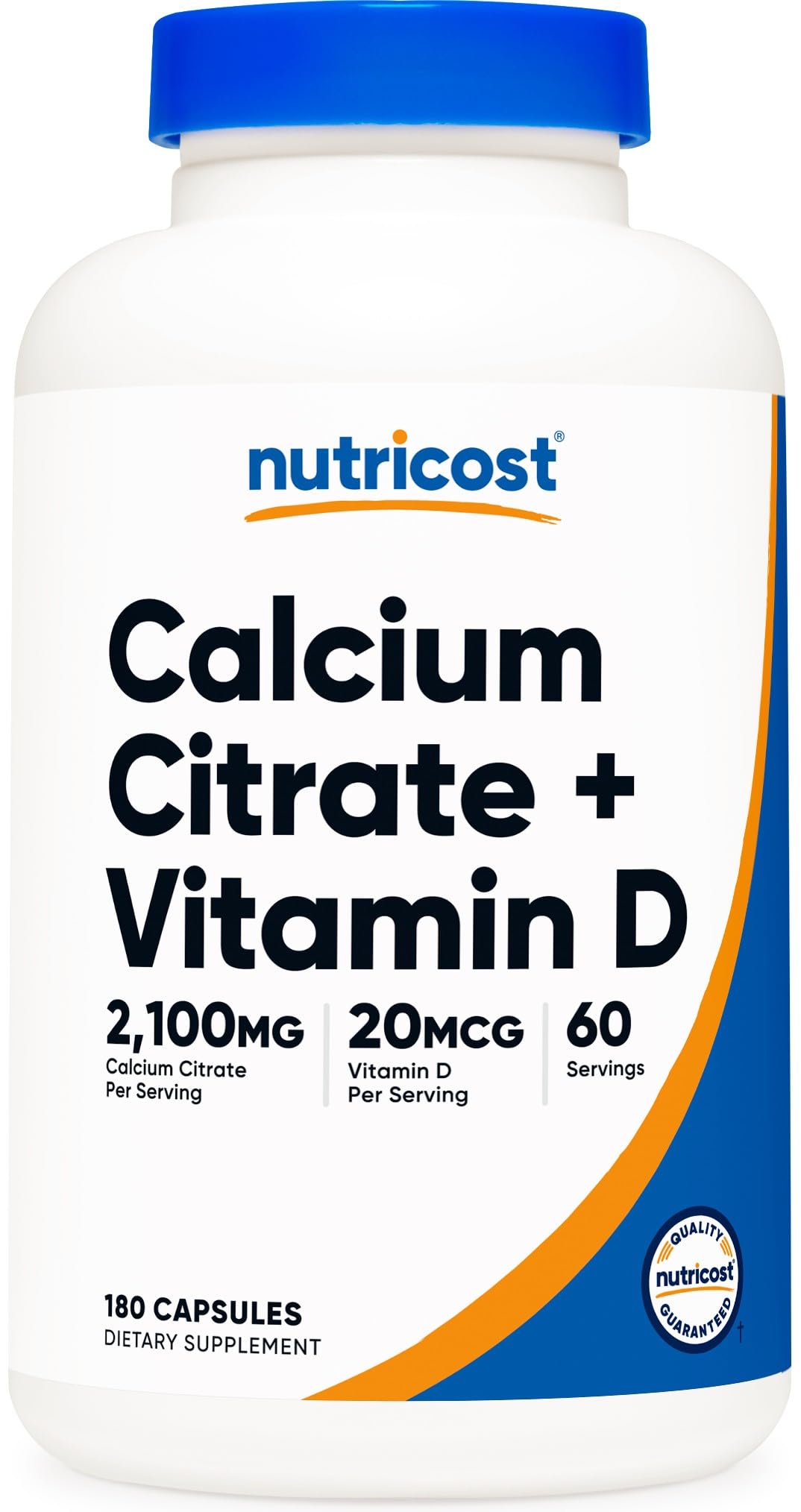 Nutricost سيترات الكالسيوم + فيتامين د - 180 كبسولة، 60 جرعة (2100 ملغ سيترات الكالسيوم، 20 ميكروجرام فيتامين د)