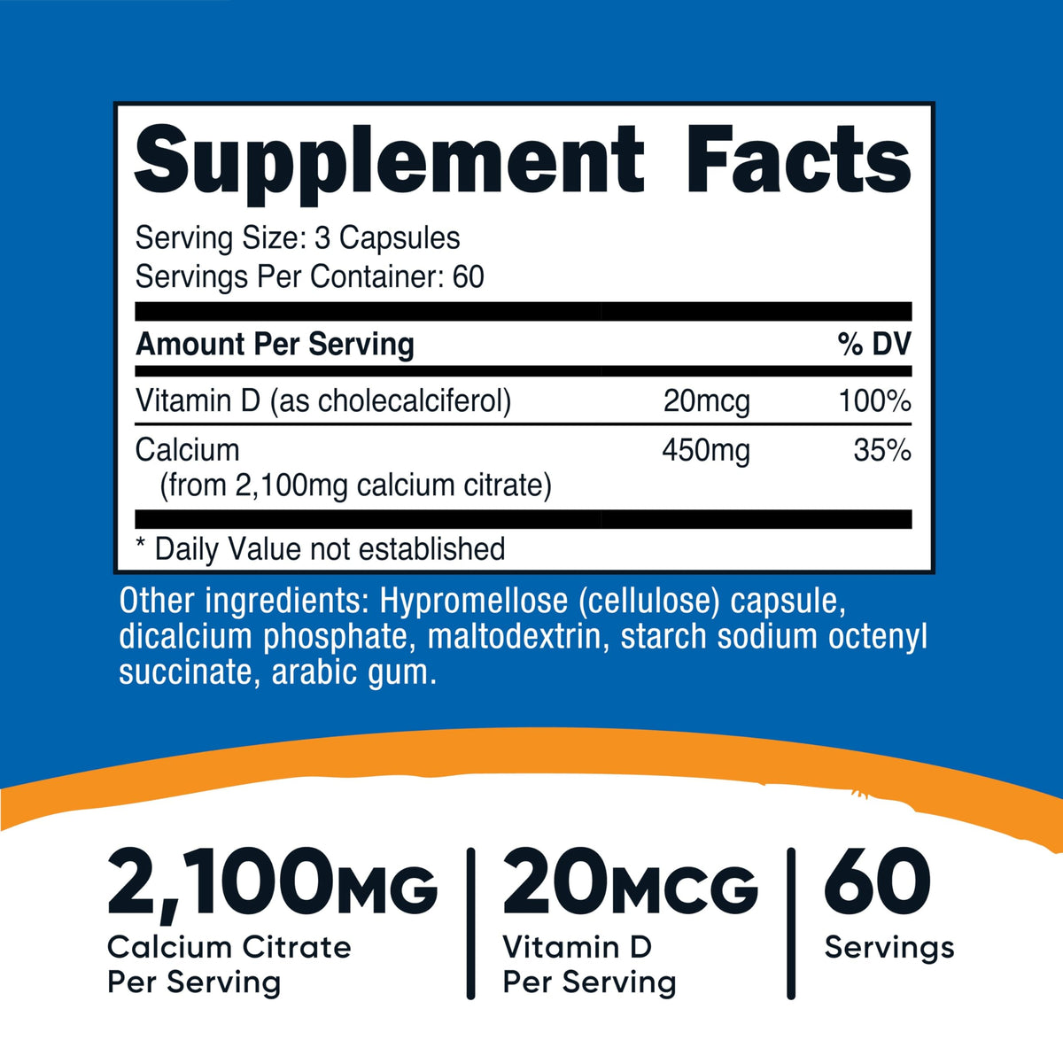 Nutricost سيترات الكالسيوم + فيتامين د - 180 كبسولة، 60 جرعة (2100 ملغ سيترات الكالسيوم، 20 ميكروجرام فيتامين د)