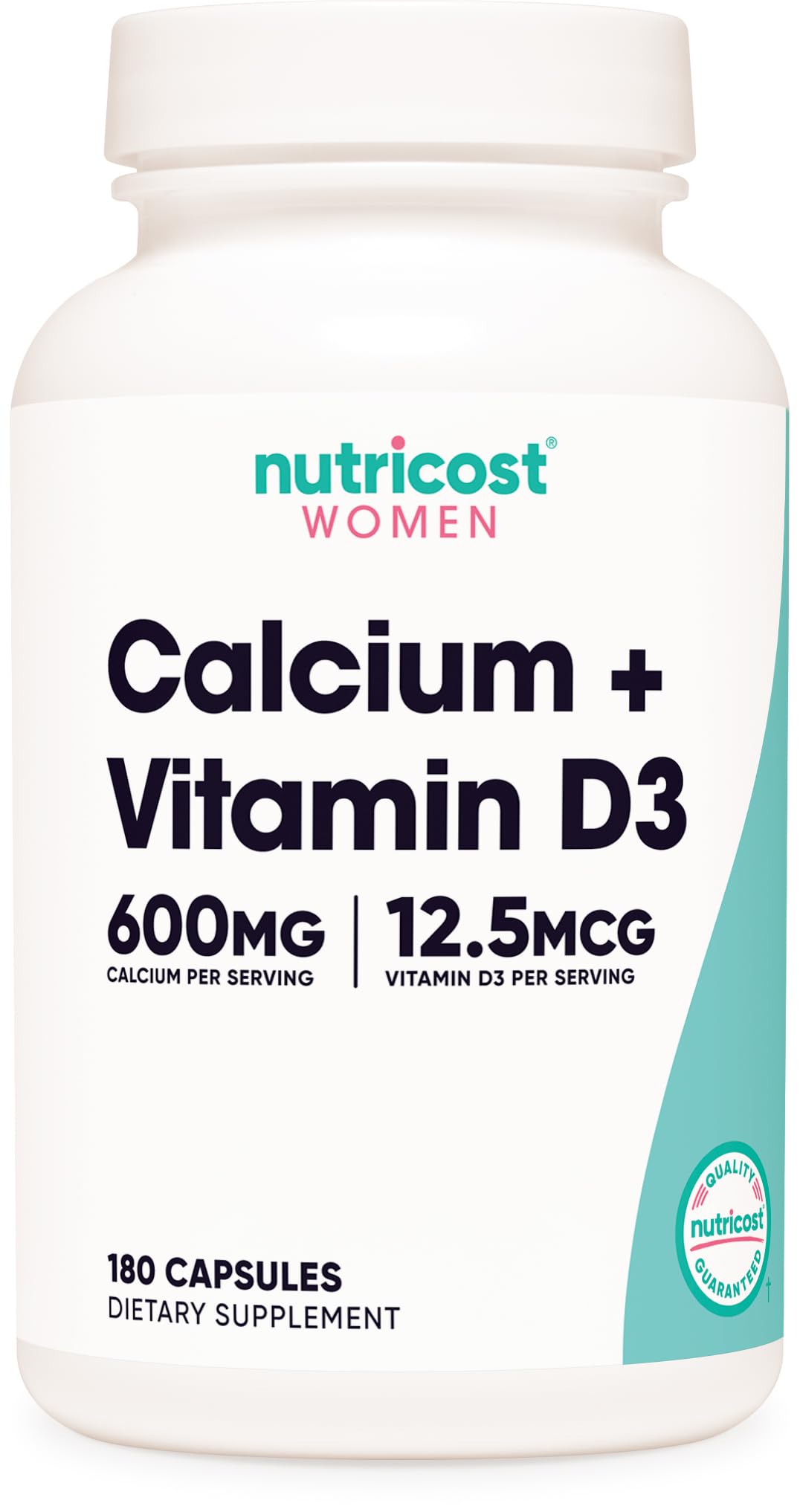 Nutricost كالسيوم 600 ملجم + فيتامين د3 12.5 ميكروجرام للنساء – 180 كبسولة (60 حصة) – نباتي، غير معدّل وراثيًا، خالي من الغلوتين
