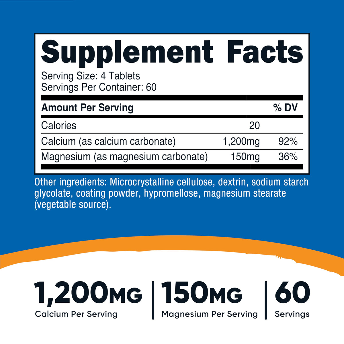 Nutricost كربونات الكالسيوم والمغنيسيوم - 240 قرص، 1200 ملجم كالسيوم / 150 ملجم مغنيسيوم، خالٍ من الغلوتين، غير معدّل وراثيًا