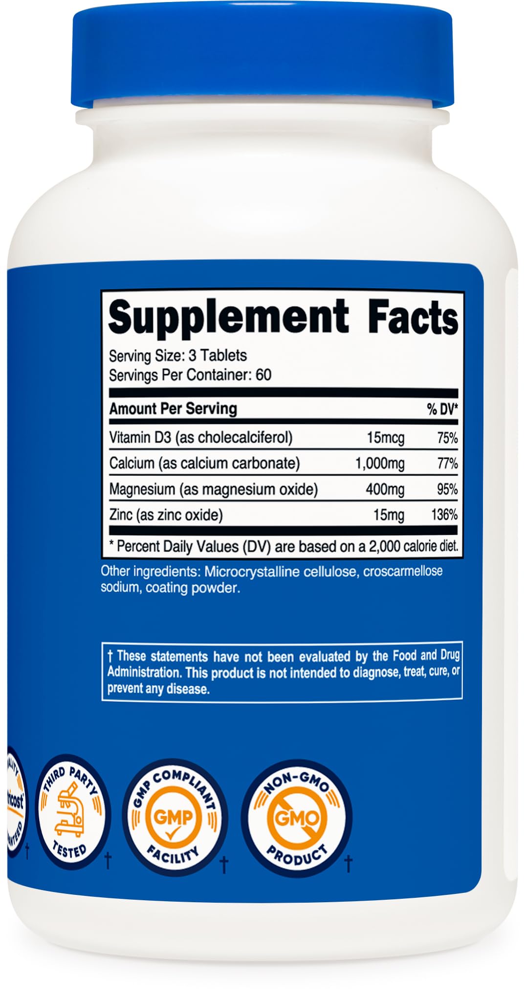 Nutricost Calcium Magnesium Zinc Tablets 1,415 mg – 180 Tablets, 60 Servings | Gluten Free, Non-GMO
